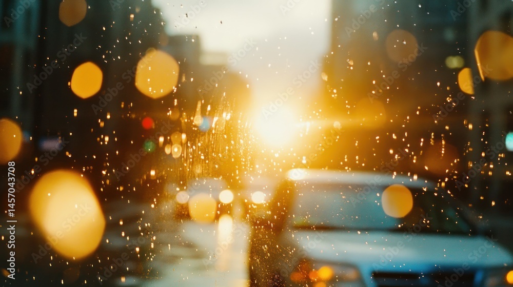 Obraz premium Bright sunlight filters through city rain against vehicle outlines