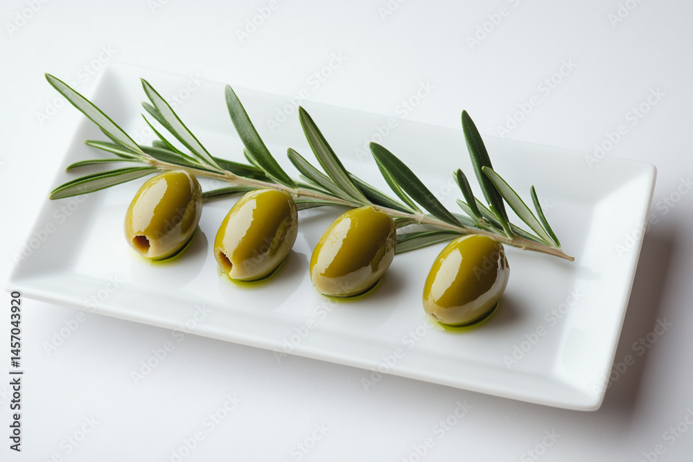 Green Olives and Olive Branch Arranged on a White Plate Showcasing Mediterranean Flavors and Culinary Traditions