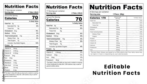  Nutrition facts full ingredient statement for different food items allergen and vitamin, editing serving size, calories, and nutrition fact