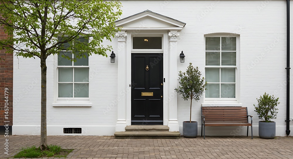 Obraz premium Classic White House Entrance with Black Door and Lush Greenery