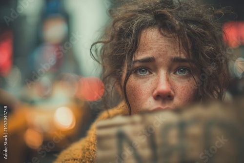 Young Woman with Intense Gaze and Freckled Face Holds Sign in an Urban Setting, Expressing Needs or Seeking Assistance