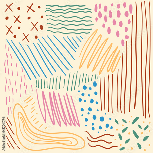 Doodle scribble patchwork seamless pattern, hand drawing childish elements, stripes, polka dots. Cute exotic print, Hawaii background, wallpaper