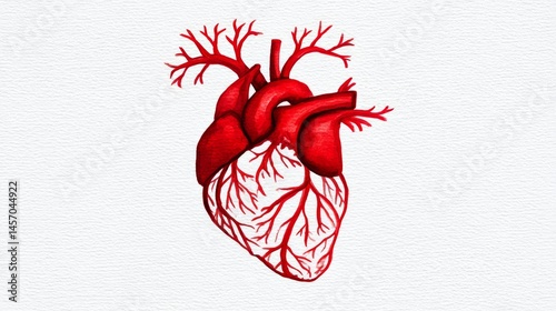 Anatomical Heart Illustration - Watercolor painting of a detailed human heart, showcasing its chambers and vessels. Perfect for medical, health, or science projects photo