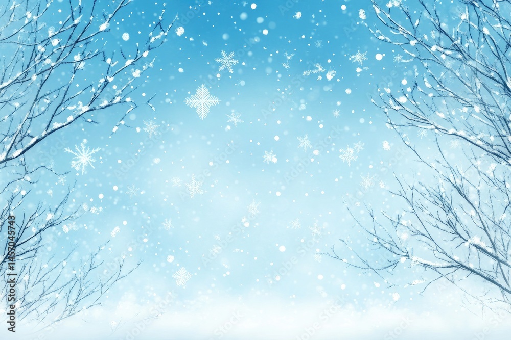 Winter Snowfall with Bare Trees and Falling Snowflakes on Light Blue Sky Winter Snowfall with Bare Trees and Falling Snowflakes on Light Blue Sky