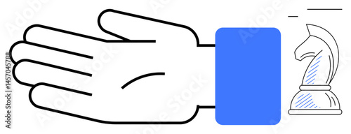 Outstretched hand in blue sleeve next to a chess knight. Ideal for strategy, business, collaboration, negotiation, planning, decision-making, foresight. Minimalist flat simple metaphor