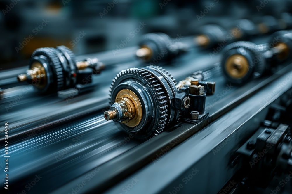 Naklejka premium Metal Gears Rolling Along a Conveyor Belt in a Manufacturing Environment, Showing Precision Engineering and Mechanical Components