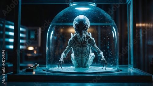 Creepy full-length space alien floats in liquid in hibernation chamber. Anthropomorphic creature in laboratory glass capsule