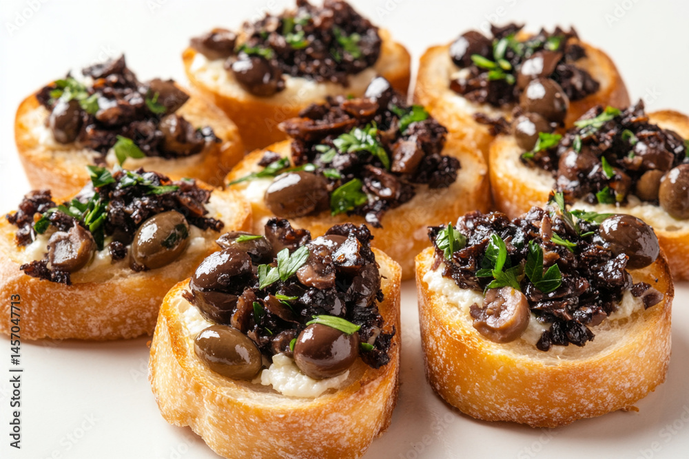 Bruschetta Topped With Olives, Mushrooms, and Herbs Viewed From Above on a Simple Background