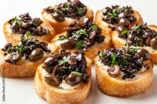 Obraz na płótnie Bruschetta Topped With Olives, Mushrooms, and Herbs Viewed From Above on a Simple Background w salonie