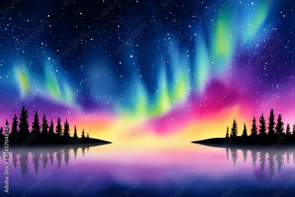 Naklejka premium Aurora Borealis Over Silhouetted Pines - Vibrant aurora borealis display over a calm lake, silhouetted pine trees reflected in the water, creating a serene and magical nightscape