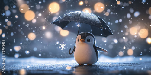 Adorable Penguin Under Umbrella in Snowy Night Winter Wonderland Image