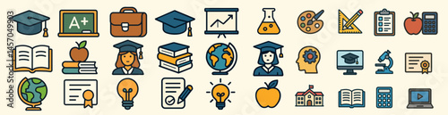 Colorful Education and School Icon Set for Learning Themes