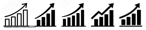 Set of upward trending growth bar chart icons with arrows
