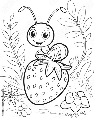 Cartoon ant sitting on strawberry in jungle natural background coloring page for kids, black line art vector illustration for children book design