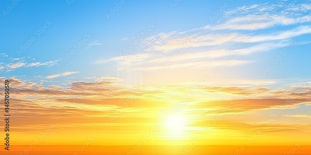 Fototapeta premium Vibrant Sunset Sky with Golden Hues and Fluffy Clouds A Stunning Panorama of a Colorful Sunrise or Sunset Scene Featuring a Bright Sun