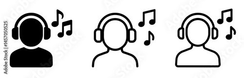 Set of headphone user icons with music notes