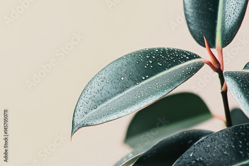 Close-up of  a ficus plant's leaves with water droplets.