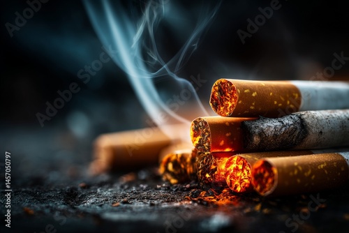 Stacked Burning Cigarettes with Smoke on Dark Surface in a Macro View Depicting Addiction and Health Risks