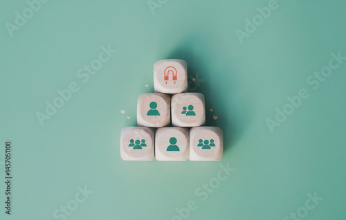 Increasing customer loyalty, Developing brand awareness, Understanding customer need, Providing value, Create relationship with customer engagement, Wooden cube with heart and customer awareness icona