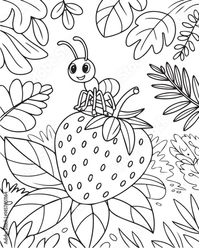 Cartoon ant sitting on strawberry in jungle natural background coloring page for kids, black line art vector illustration for children book design
