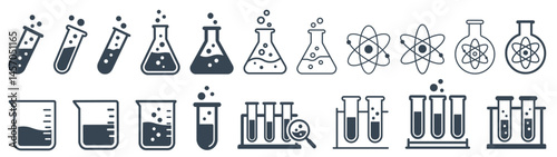 Set of science lab icons with beakers, flasks, test tubes, and atoms