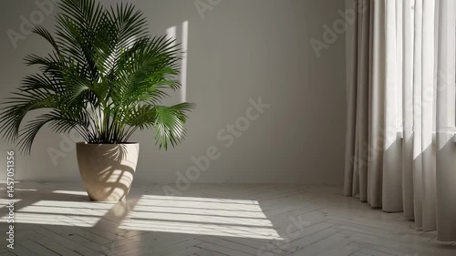 Sunlit indoor plant casting elegant shadows on minimalistic floor