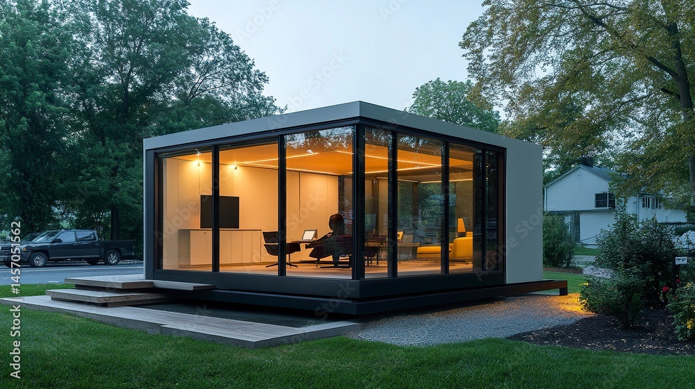 Fototapeta premium Contemporary cube office structure suburban Maryland minimalist design glass panels adjacent parking lot professional setting. 