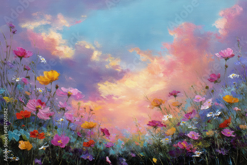 A breathtaking display of pink, orange, and purple clouds fills the sky as a variety of colorful flowers bloom below. The scene captures the beauty of nature at dusk, showcasing a serene moment