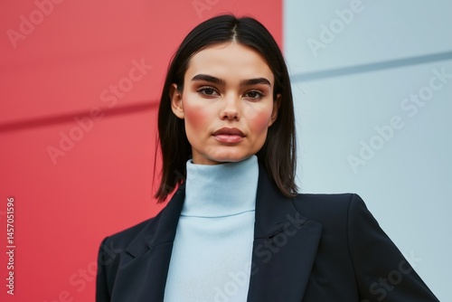 Confident young hispanic female in stylish attire posing against bold colored wall