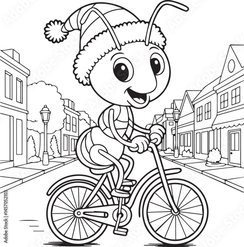 Happy ant riding a bicycle and wearing christmas hat black line art vector illustration for children coloring page or book design