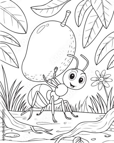 Cartoon ant with a mango in jungle natural background coloring page for kids, black line art vector illustration for children book design