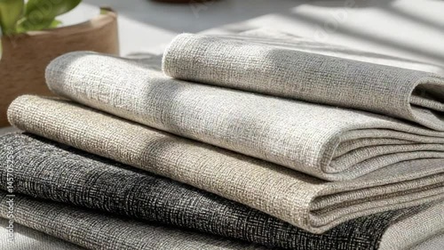 A serene arrangement of folded fabric linens on a table, with soft natural light filtering through