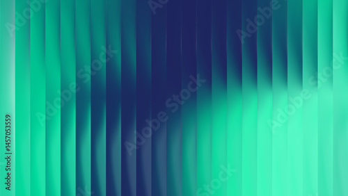 Glass green ribbed texture background with vertical fluted gradient pattern and abstract 3D lines in blue light design
