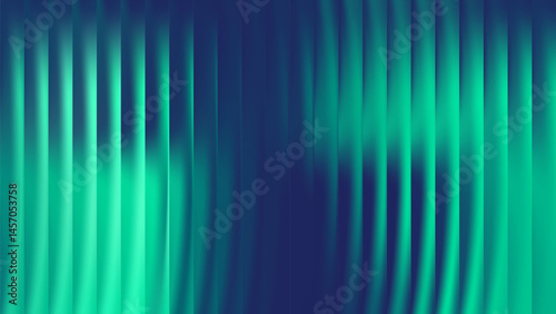 Glass green ribbed texture background with vertical fluted gradient effect and abstract 3D lines on dark blue backdrop