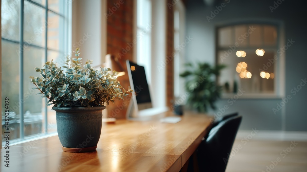 Fototapeta premium Cozy Workspace by the Window with a Plant