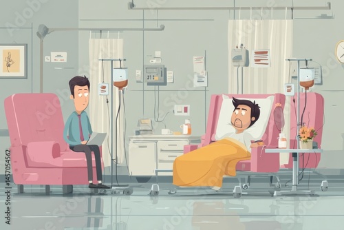 Man visiting patient in hospital room; pink armchair, IV drip, side table, flowers, bright interior, illness support, recovery