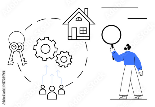 Man examines factors of buying a home, focusing on keys, gears, house, and people. Ideal for real estate, property management, teamwork, strategy business plan research simple landing page