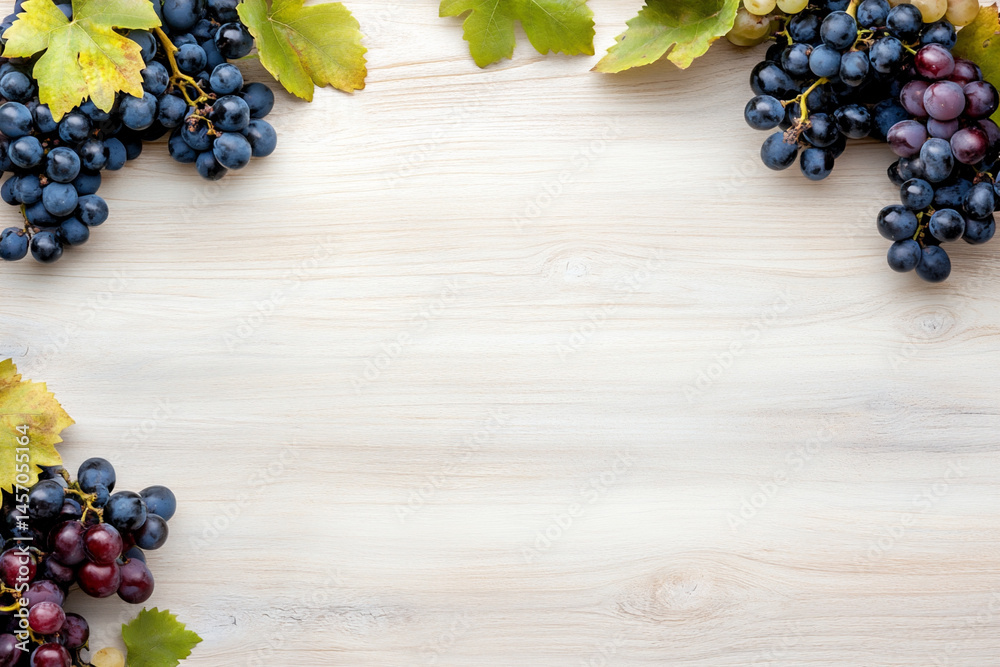 Scattered Grapes and Fresh Leaves Arranged on a Wooden Surface in an Artistic Display