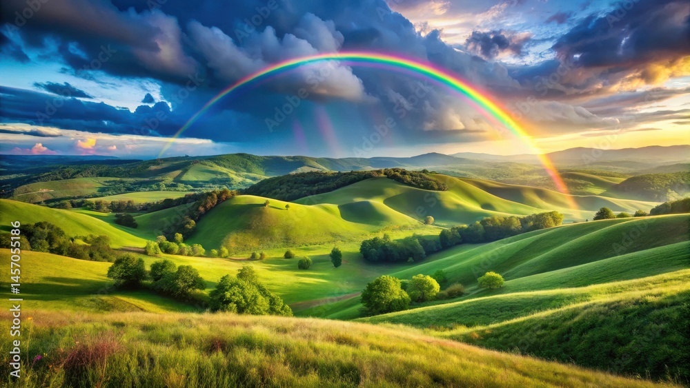 Serene Rolling Hillscape with Vibrant Rainbow Arcing Across Sunset Sky Serene Rolling Hillscape with Vibrant Rainbow Arcing Across Sunset Sky