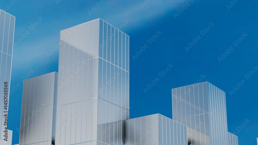 endless forward movement along a 3D model of a city with skyscrapers against a blue sky with white clouds. 3D render looped animation endless forward movement along a 3D model of a city with skyscrapers against a blue sky with white clouds. 3D render looped animation