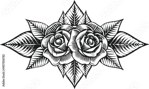 Highly detailed botanical engraving of blooming roses and leaves in symmetrical composition, vintage hand-engraved black and white design

