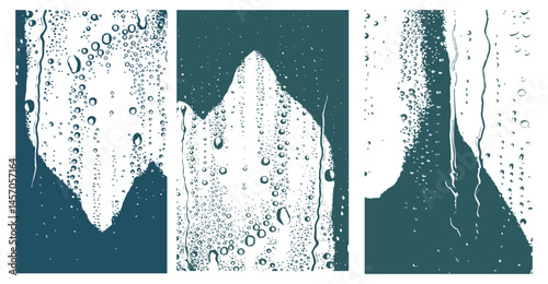 Abstract Wet Window Panels: A Textured Teal and White Display of Condensation and Water Droplets for Modern Graphic Design and Backgrounds, Fresh Look