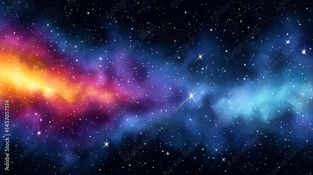 Obraz premium Cosmic Nebula Watercolor Panorama - A vibrant cosmic scene, symbolizing infinity, wonder, creation, energy, and mystery. Vast nebulae in a watercolor