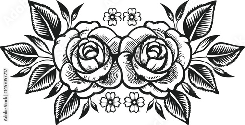 Highly detailed botanical engraving of blooming roses and leaves in symmetrical composition, vintage hand-engraved black and white design

