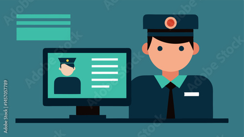 Laptop Analysis A vector design showing an officer typing notes on a laptop while watching the live footage of the suspect on the monitor.