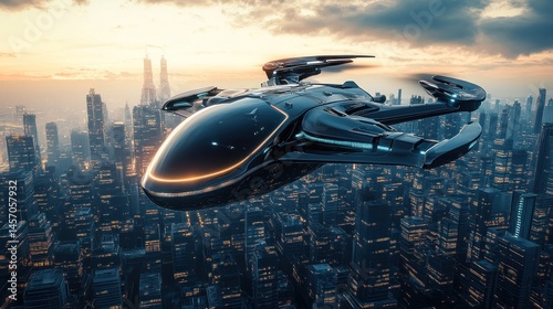 Futuristic aerial vehicle over a cityscape at dawn.  A sleek, dark-colored flying car, reminiscent of a personal air taxi, gracefully navigates the urban skyline photo