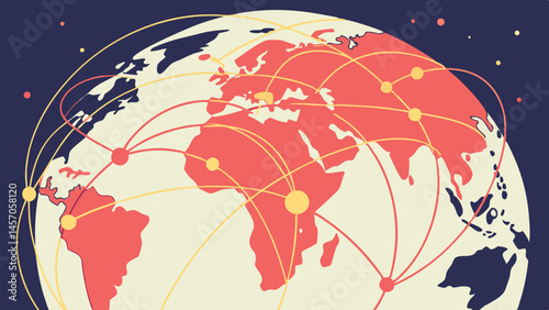 Global Connectivity Visualization - Red Earth with Yellow Network Lines