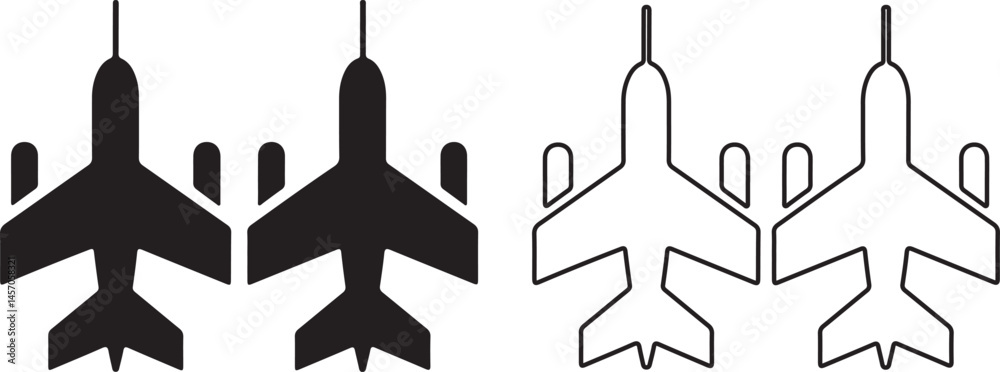 Airplane icon filled and line style. Plane icon set and jet fighter solid and outline vector  