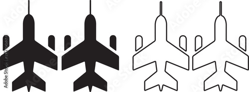Airplane icon filled and line style. Plane icon set and jet fighter solid and outline vector  