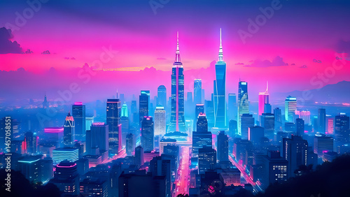 Neon Glowing City Skyline at Night, Synthwave Aesthetic, Retro 80s Style